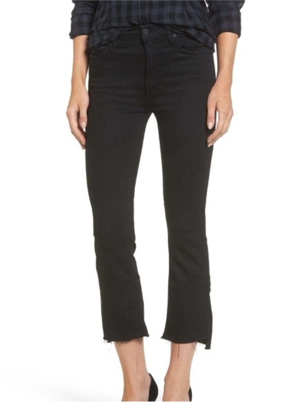 MOTHER The Rascal Ankle Step Fray Jeans black raw hem 30